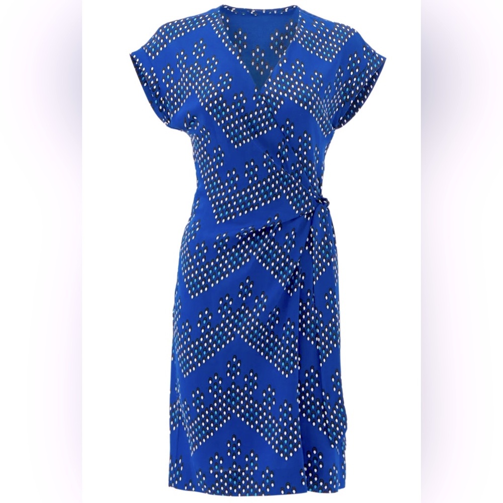 Diane von Furstenberg, Sascha Faux Wrap Dress, Blue Silk, Cap Sleeve, Sz 8